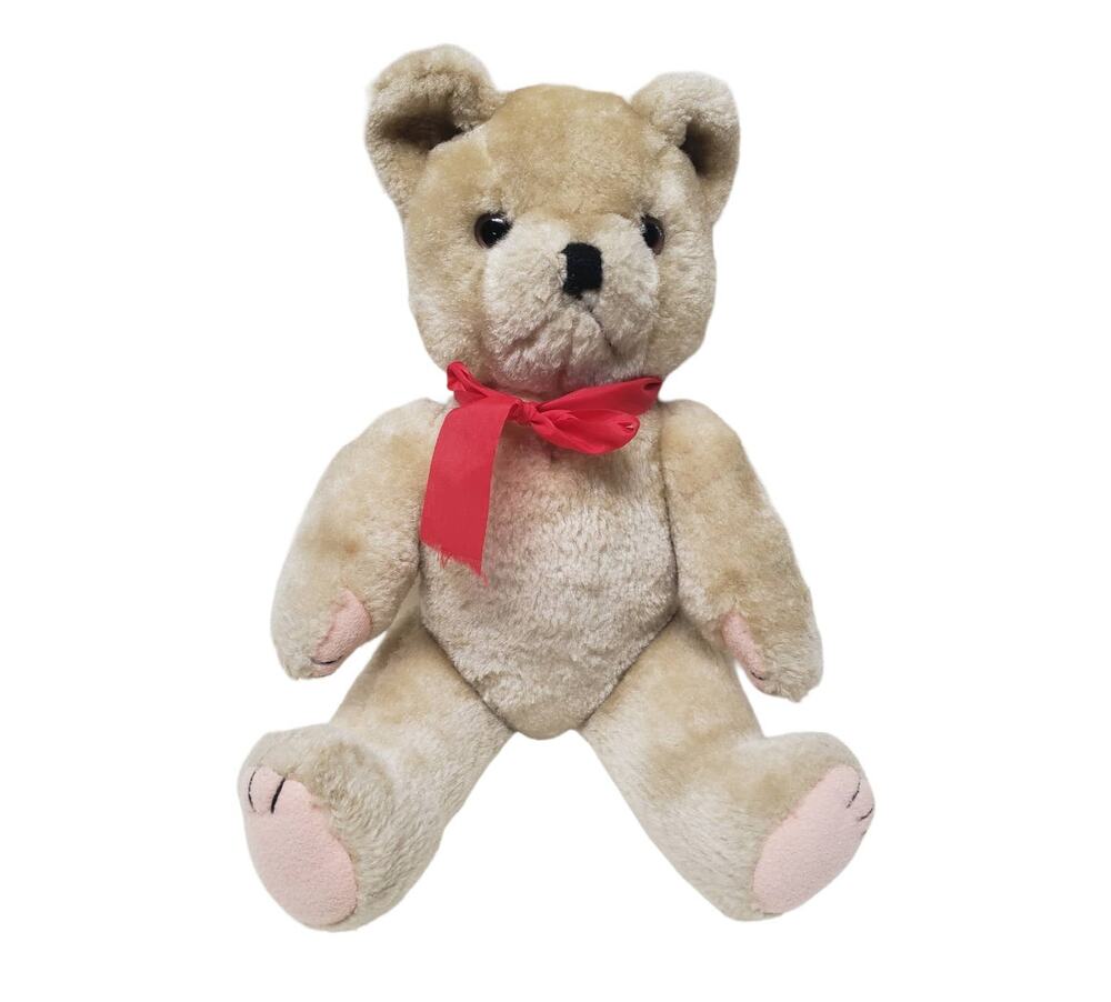 Vintage Jointed Teddy Bear w. Red Bow Stuffed Plush Animal